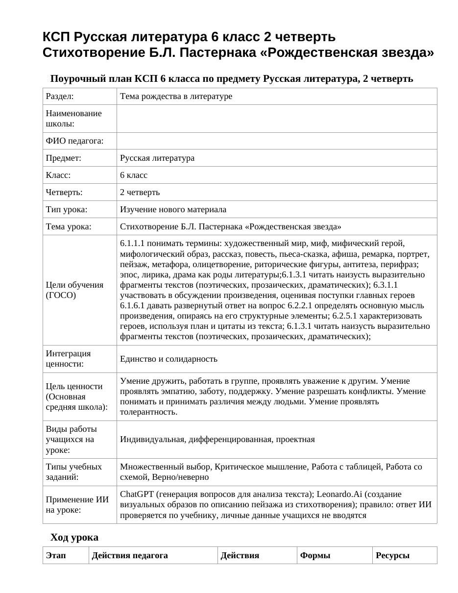 КСП Русская литература 6 класс 2 четверть Стихотворение Б.Л. Пастернака «Рождественская звезда»