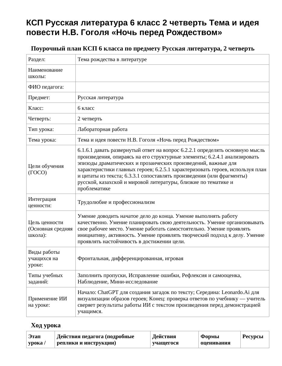 КСП Русская литература 6 класс 2 четверть Тема и идея повести Н.В. Гоголя «Ночь перед Рождеством»