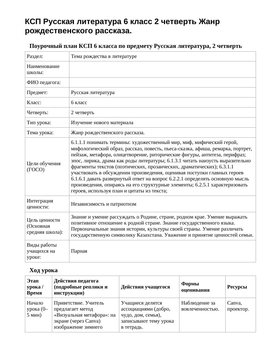 КСП Русская литература 6 класс 2 четверть Жанр рождественского рассказа.