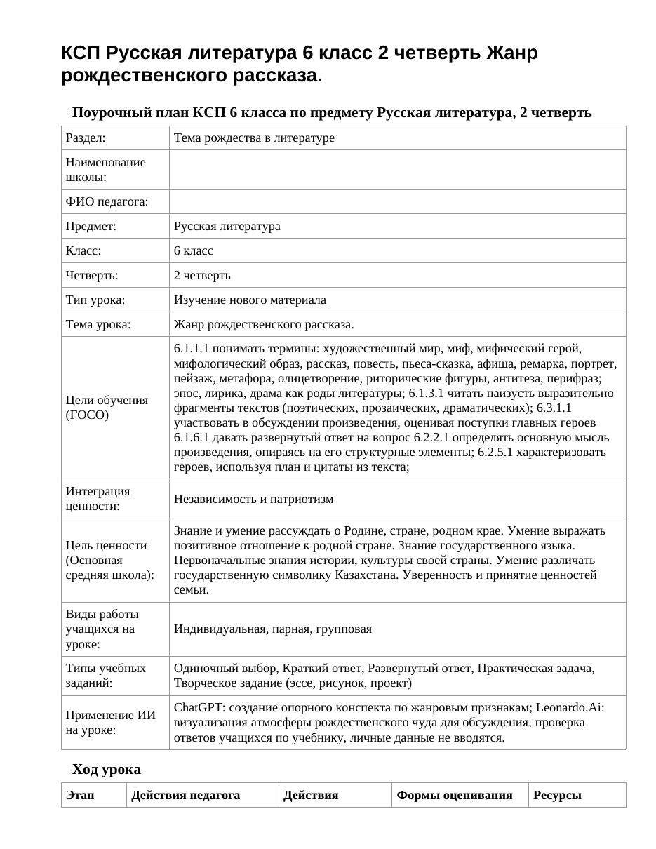 КСП Русская литература 6 класс 2 четверть Жанр рождественского рассказа.