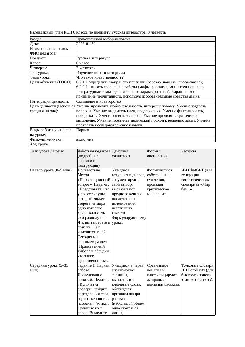 КСП Русская литература 6класс 3четверть Что такое нравственность
