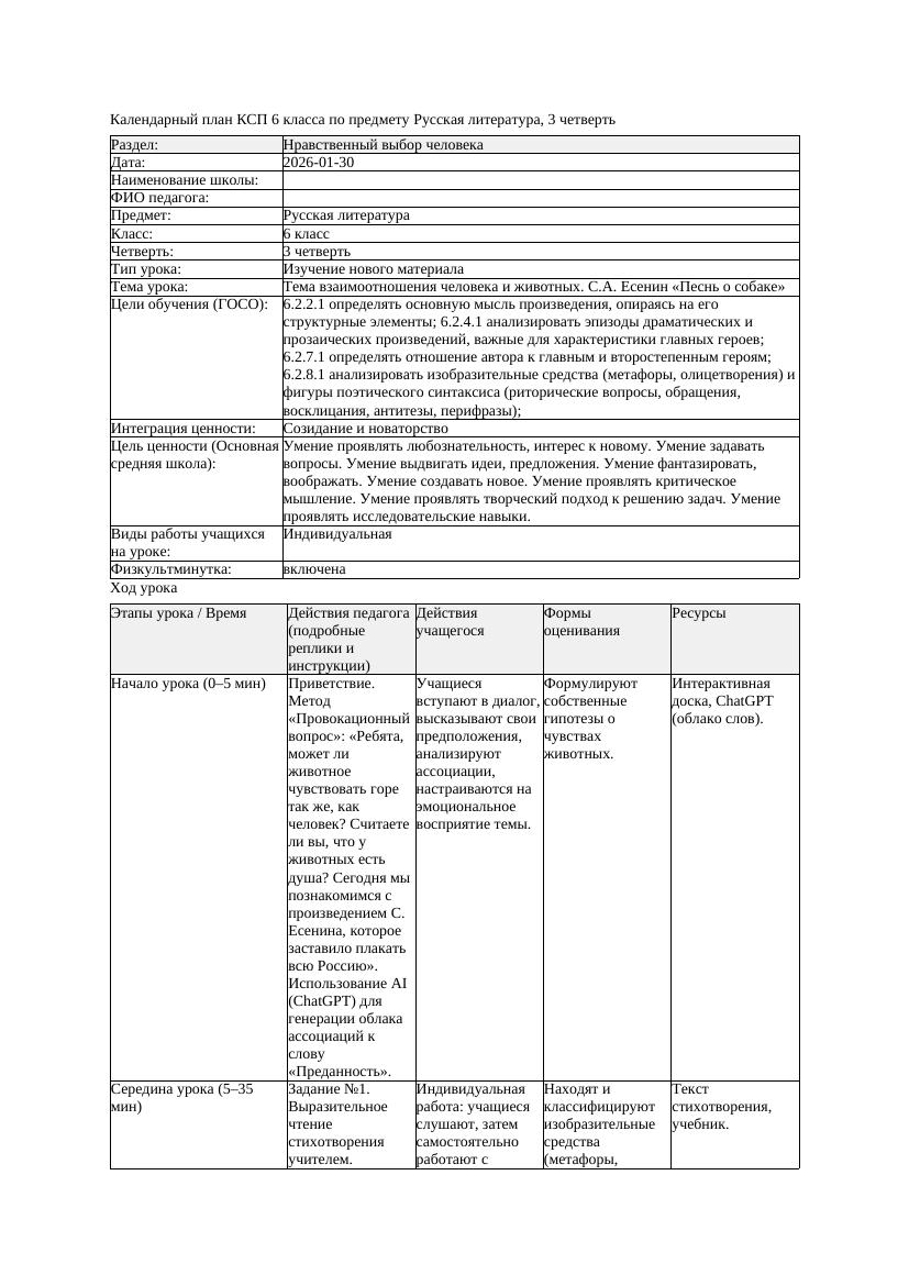 КСП Русская литература 6класс 3четверть Тема взаимоотношения человека