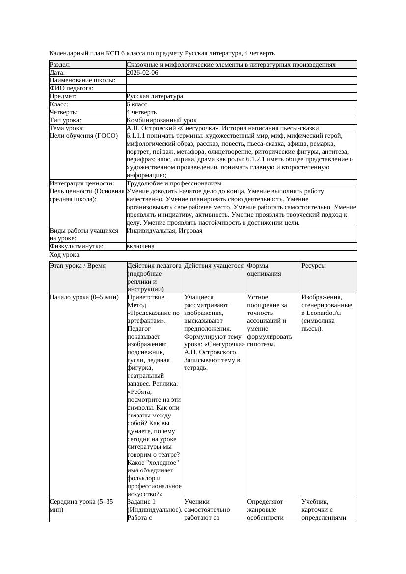 КСП Русская литература 6класс 4четверть А Н Островский Снегурочка