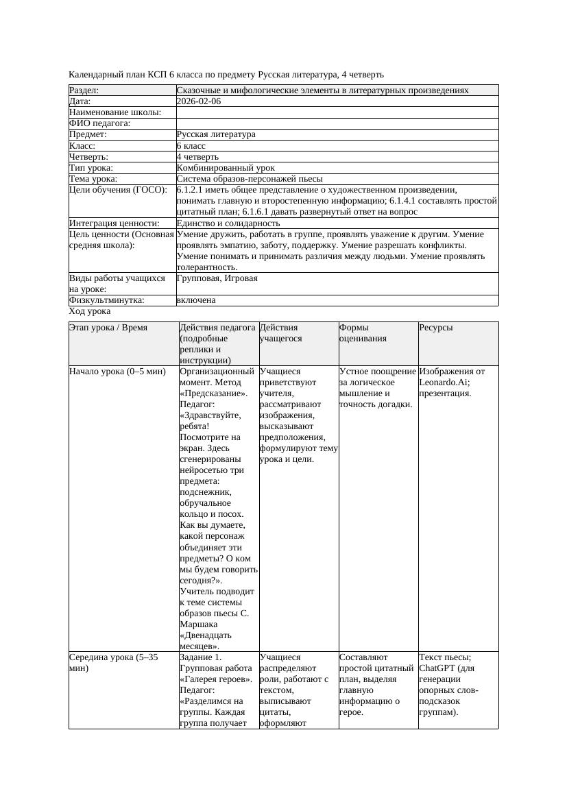 КСП Русская литература 6класс 4четверть Система образов персонажей