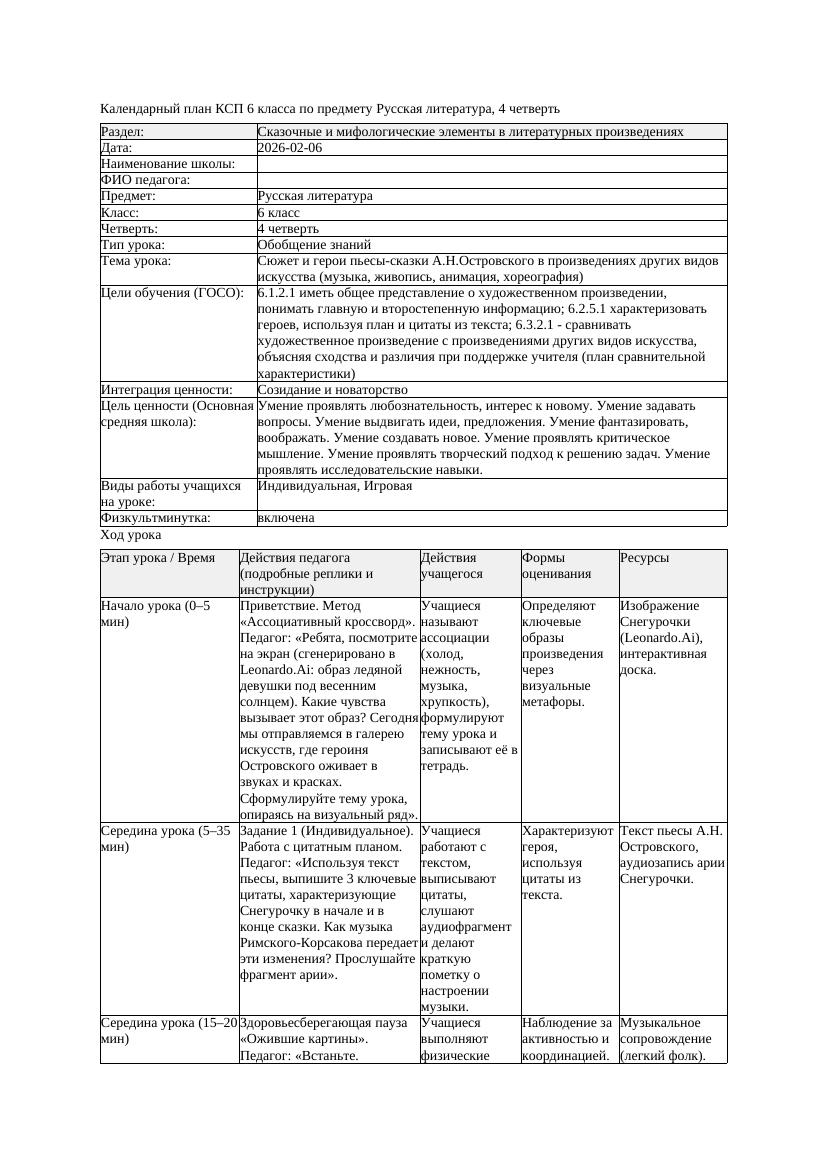 КСП Русская литература 6класс 4четверть Сюжет и герои пьесы сказки