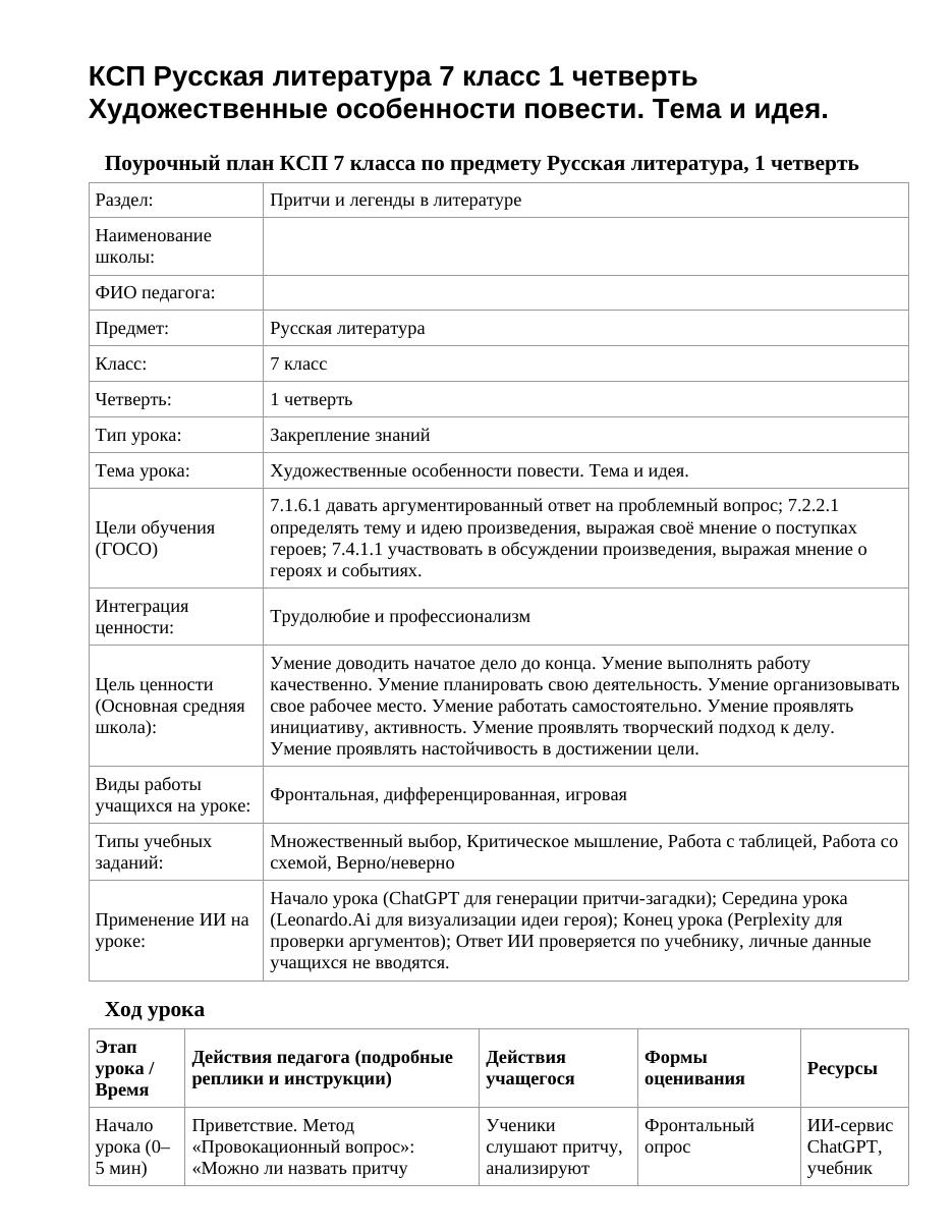 КСП Русская литература 7 класс 1 четверть Художественные особенности повести. Тема и идея.