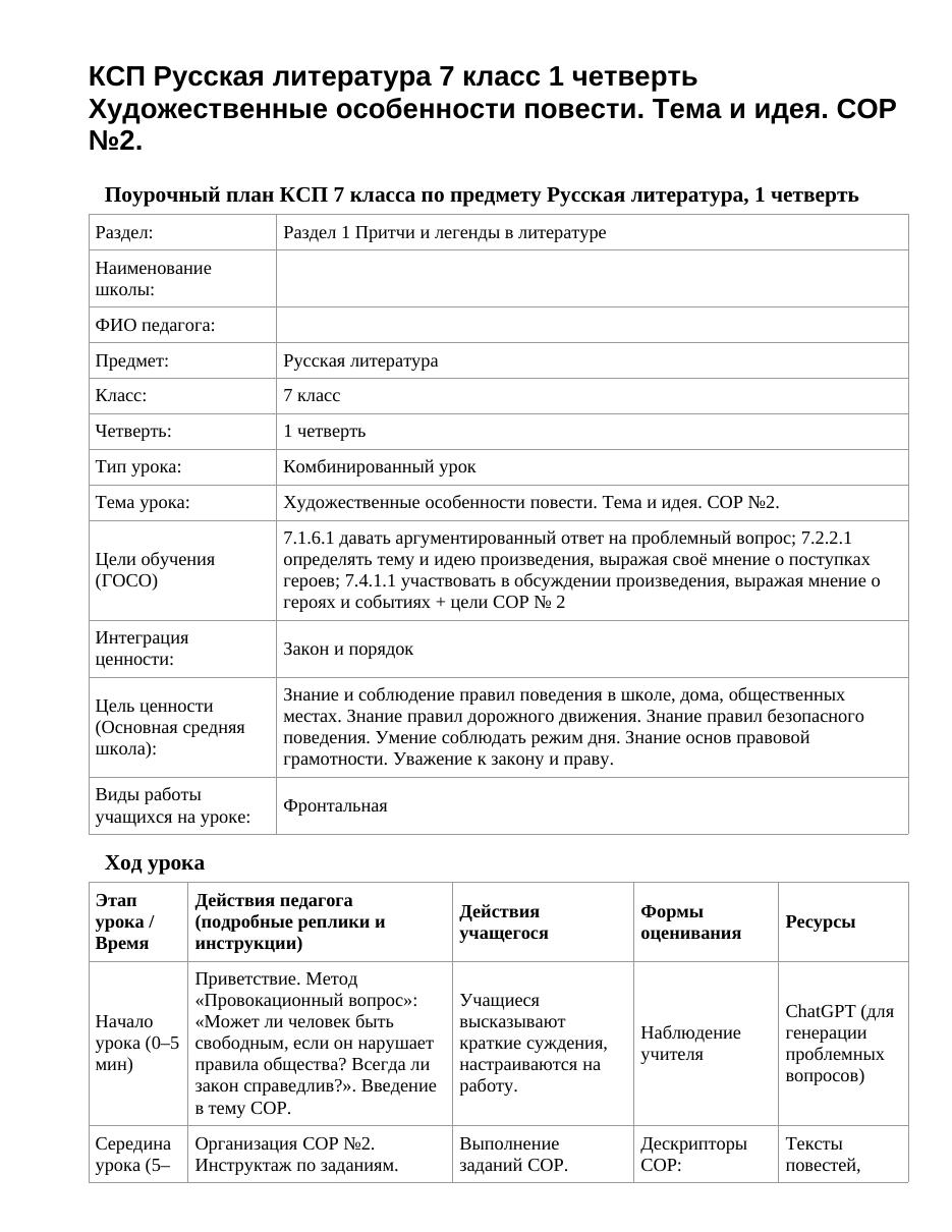 КСП Русская литература 7 класс 1 четверть Художественные особенности повести. Тема и идея. СОР №2.