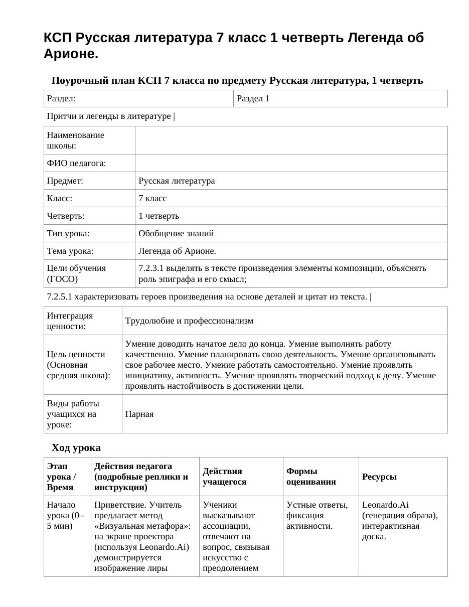 КСП Русская литература 7 класс 1 четверть Легенда об Арионе.