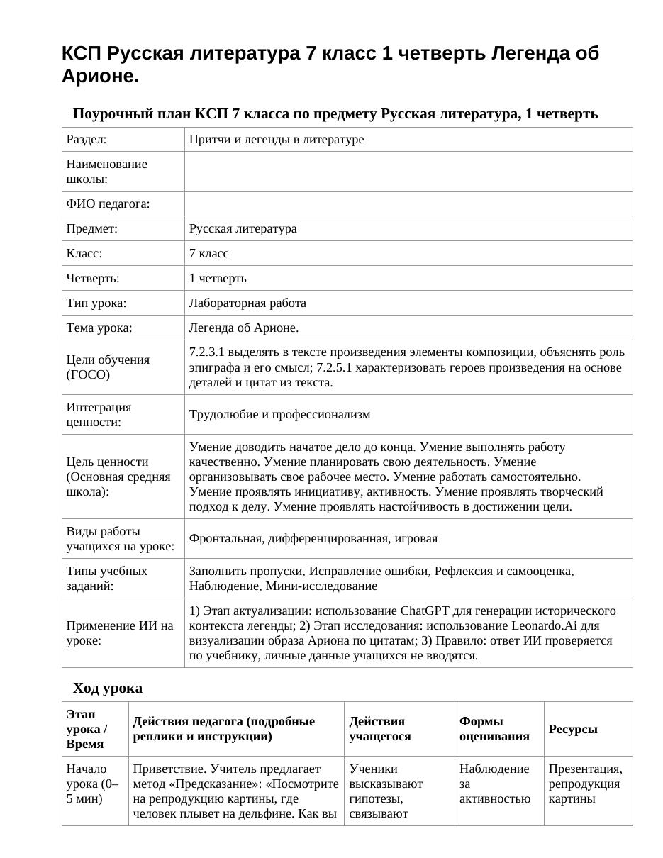 КСП Русская литература 7 класс 1 четверть Легенда об Арионе.