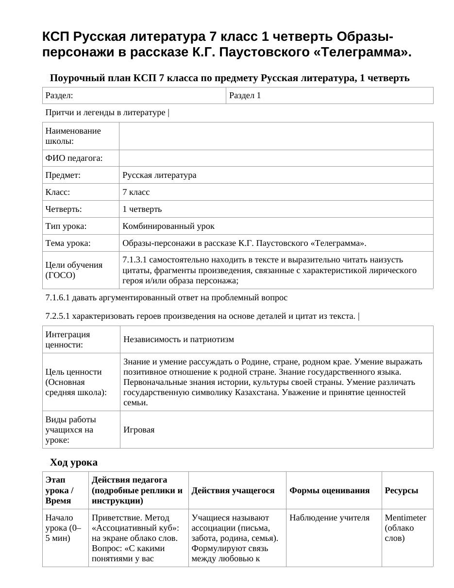 КСП Русская литература 7 класс 1 четверть Образы-персонажи в рассказе К.Г. Паустовского «Телеграмма».