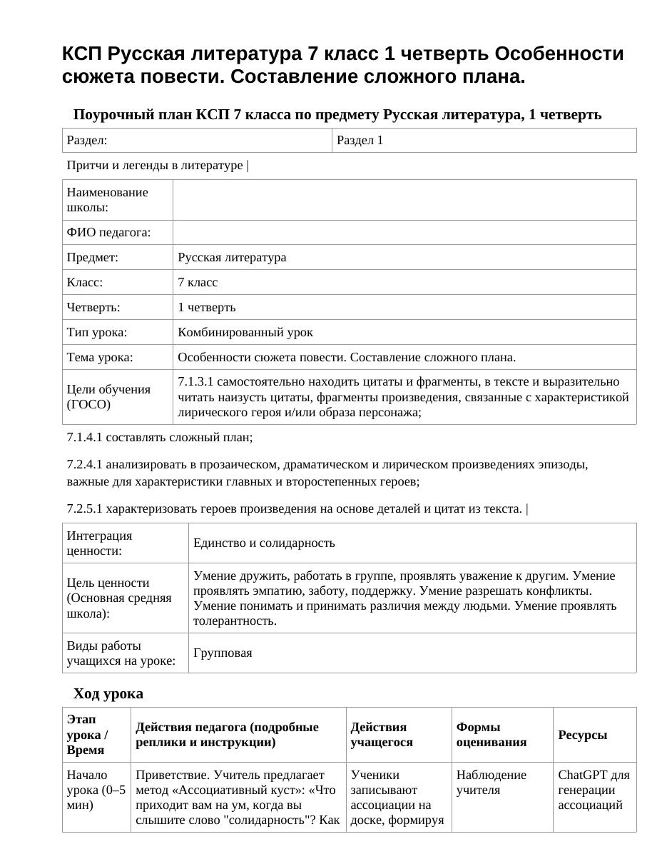 КСП Русская литература 7 класс 1 четверть Особенности сюжета повести. Составление сложного плана.
