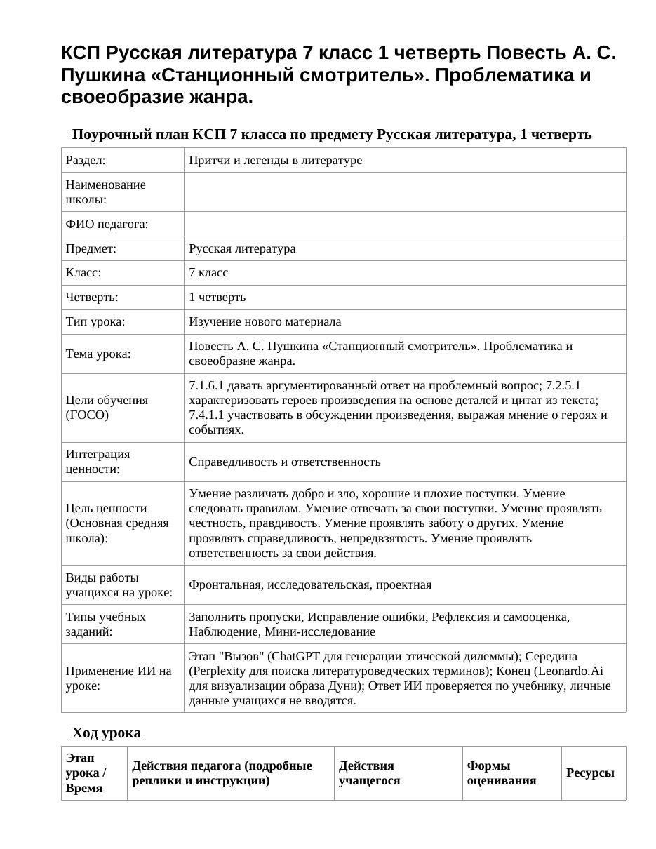 КСП Русская литература 7 класс 1 четверть Повесть А. С. Пушкина «Станционный смотритель». Проблематика и своеобразие жанра.