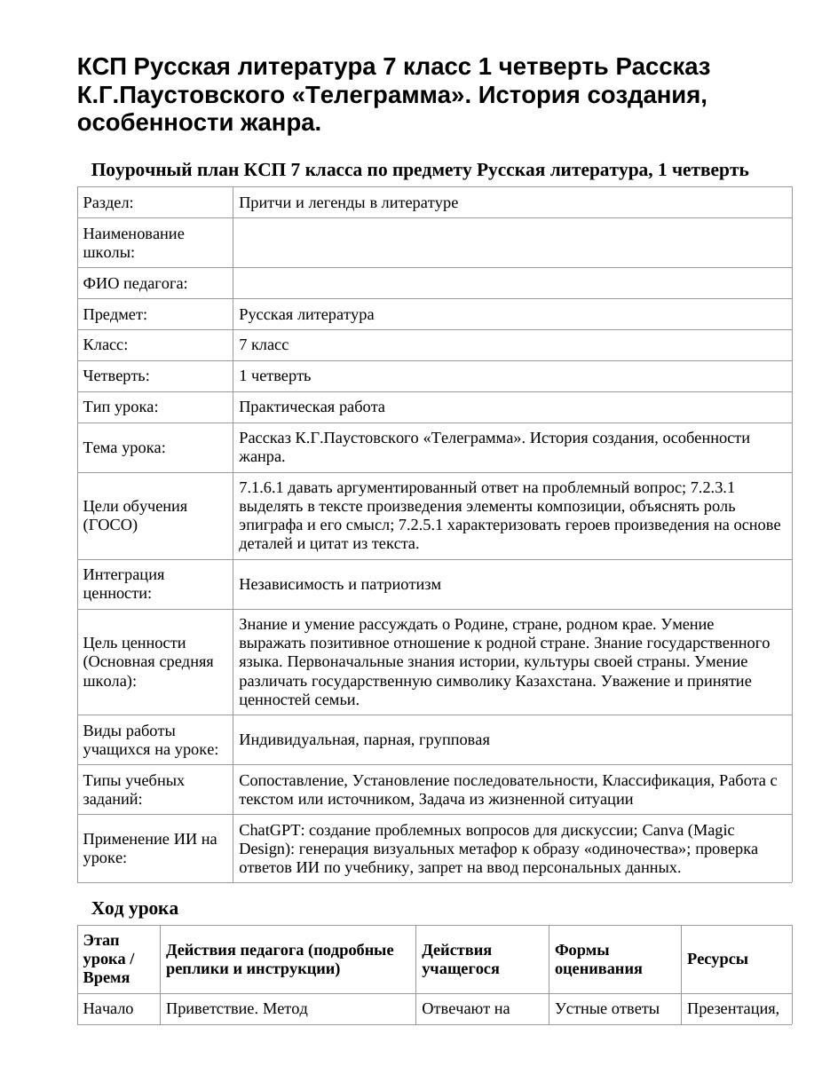 КСП Русская литература 7 класс 1 четверть Рассказ К.Г.Паустовского «Телеграмма». История создания, особенности жанра.