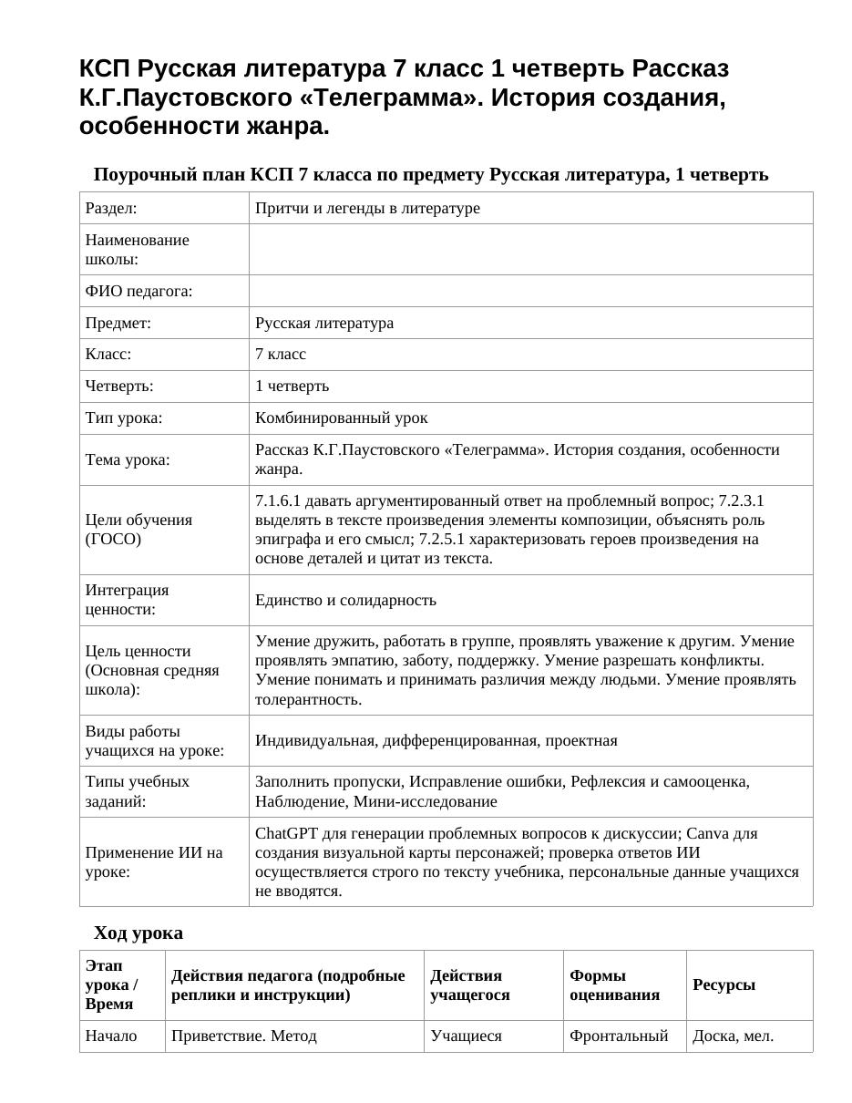 КСП Русская литература 7 класс 1 четверть Рассказ К.Г.Паустовского «Телеграмма». История создания, особенности жанра.
