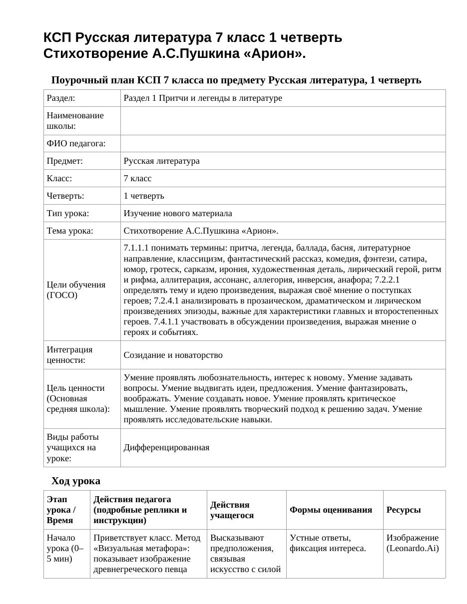 КСП Русская литература 7 класс 1 четверть Стихотворение А.С.Пушкина «Арион».