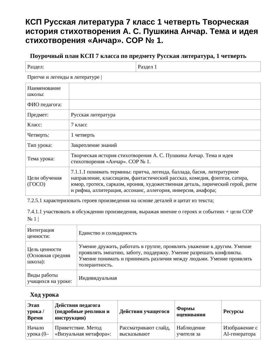 КСП Русская литература 7 класс 1 четверть Творческая история стихотворения А. С. Пушкина Анчар. Тема и идея стихотворения «Анчар». СОР № 1.