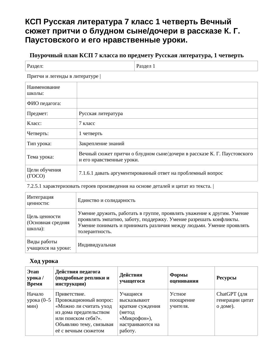 КСП Русская литература 7 класс 1 четверть Вечный сюжет притчи о блудном сыне/дочери в рассказе К. Г. Паустовского и его нравственные уроки.
