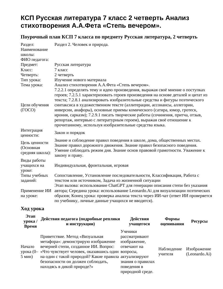 КСП Русская литература 7 класс 2 четверть Анализ стихотворения А.А.Фета «Степь вечером».