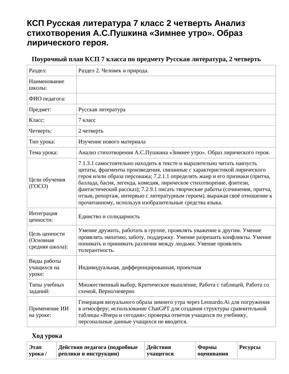 КСП Русская литература 7 класс 2 четверть Анализ стихотворения А.С.Пушкина «Зимнее утро». Образ лирического героя.