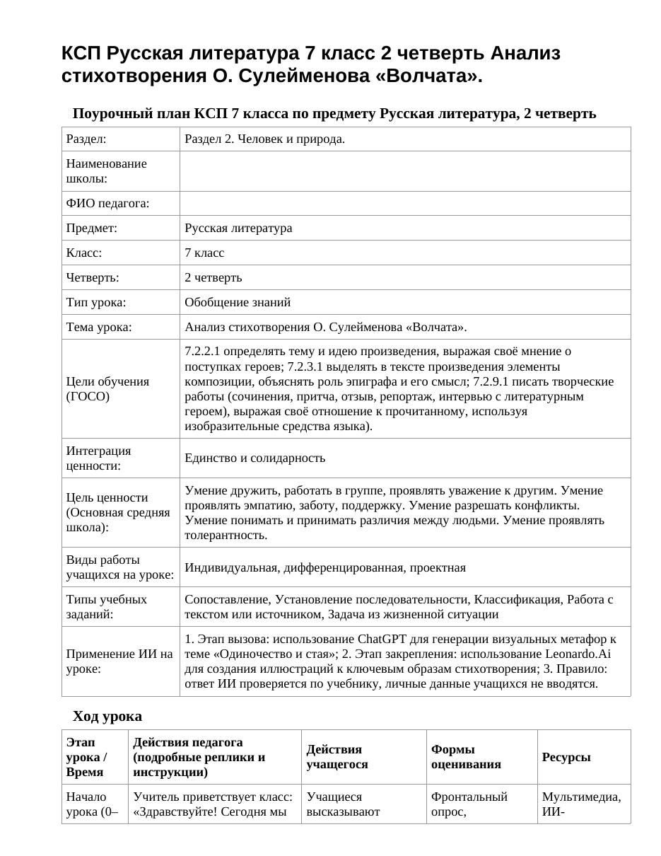 КСП Русская литература 7 класс 2 четверть Анализ стихотворения О. Сулейменова «Волчата».