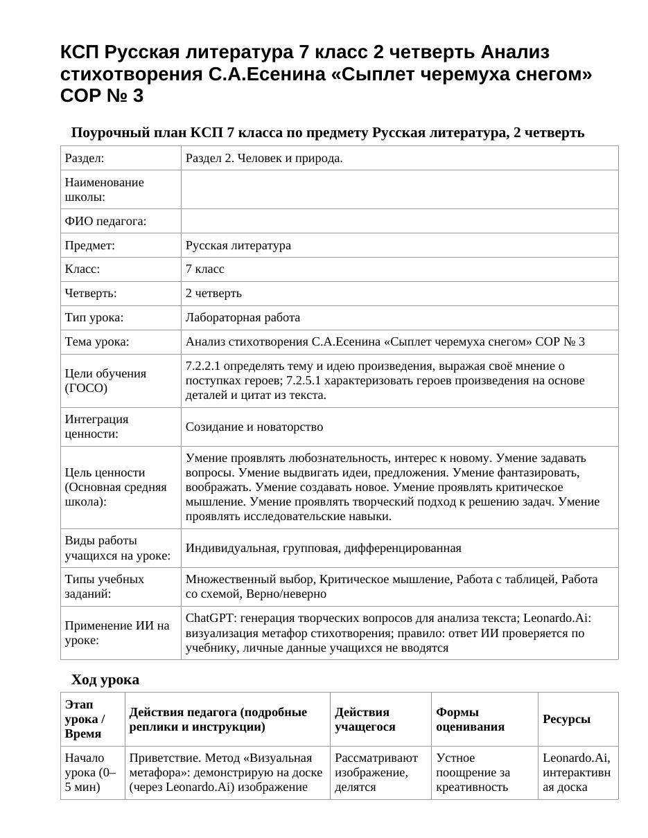 КСП Русская литература 7 класс 2 четверть Анализ стихотворения С.А.Есенина «Сыплет черемуха снегом» СОР № 3