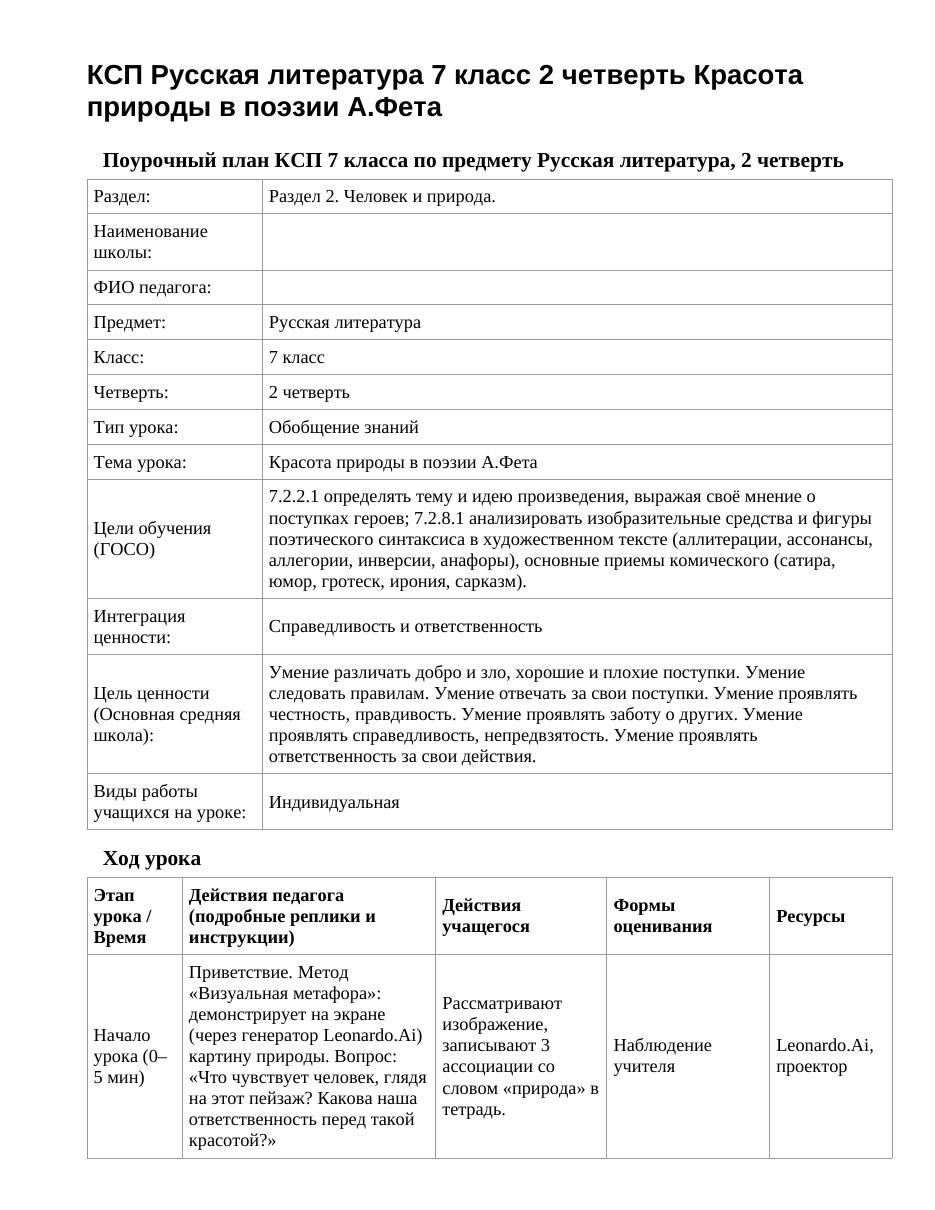 КСП Русская литература 7 класс 2 четверть Красота природы в поэзии А.Фета