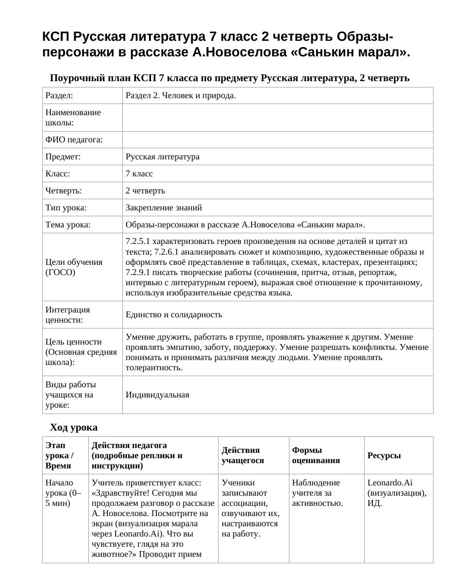 КСП Русская литература 7 класс 2 четверть Образы-персонажи в рассказе А.Новоселова «Санькин марал».
