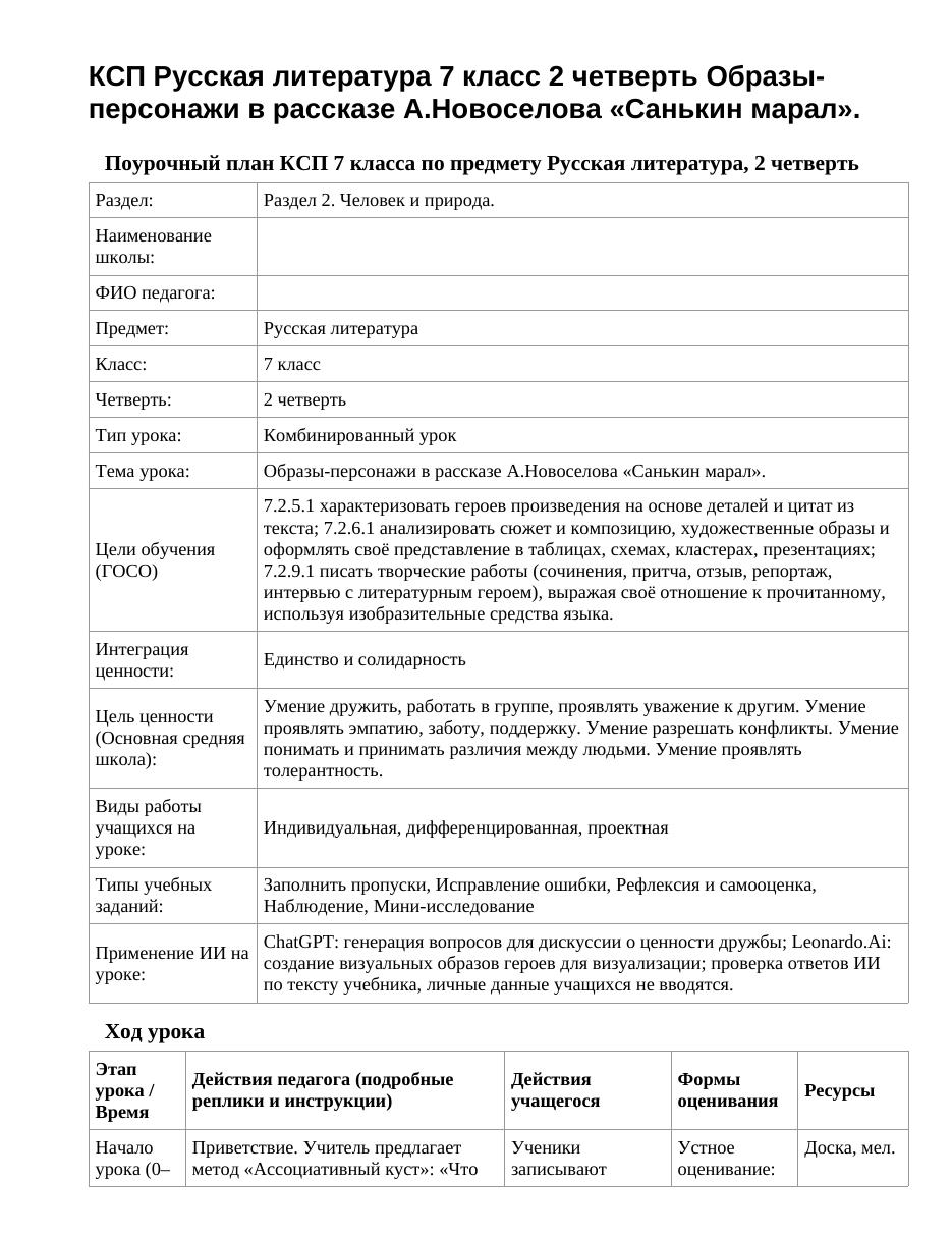 КСП Русская литература 7 класс 2 четверть Образы-персонажи в рассказе А.Новоселова «Санькин марал».