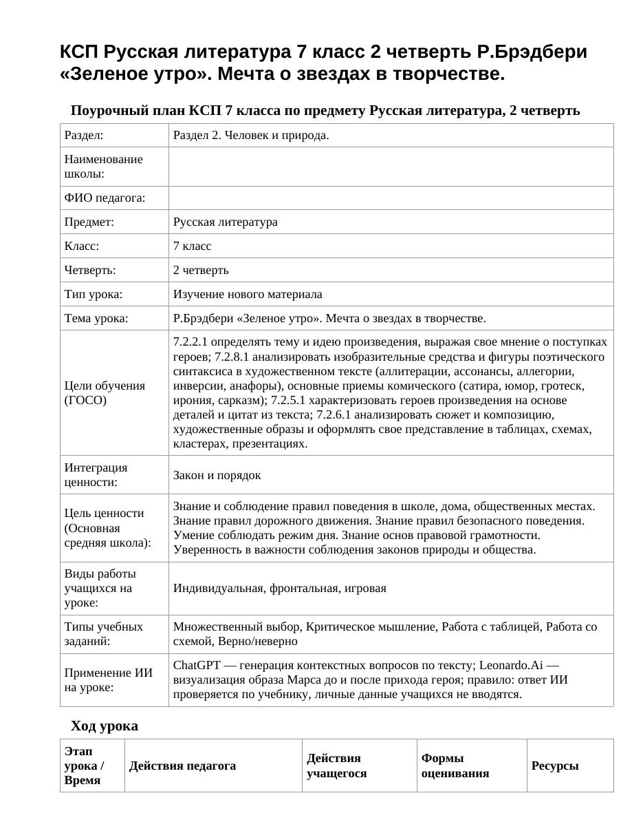 КСП Русская литература 7 класс 2 четверть Р.Брэдбери «Зеленое утро». Мечта о звездах в творчестве.