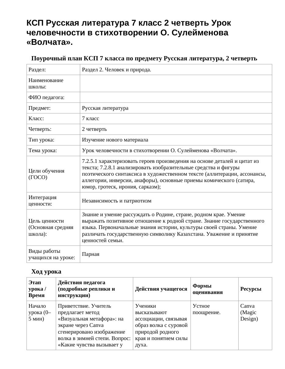 КСП Русская литература 7 класс 2 четверть Урок человечности в стихотворении О. Сулейменова «Волчата».