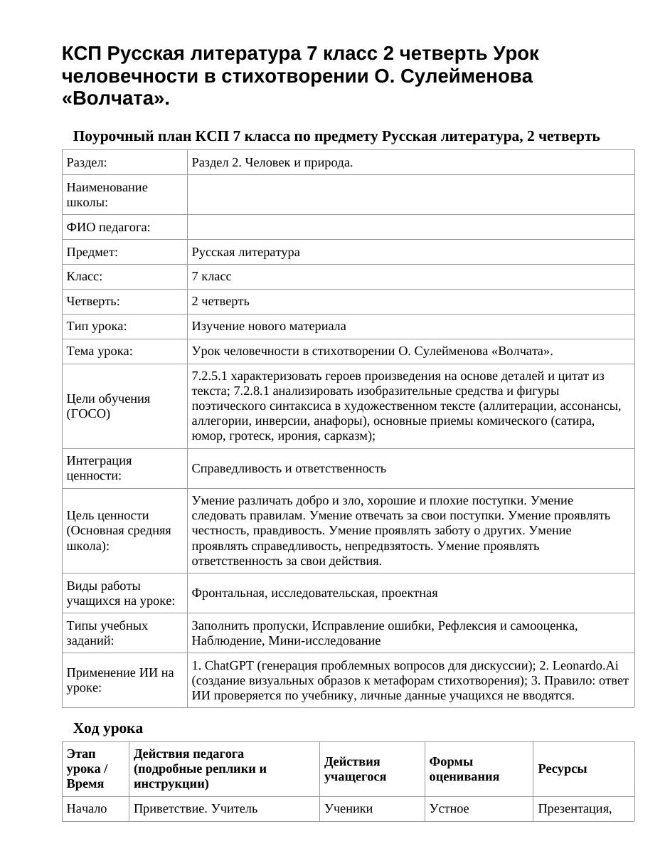КСП Русская литература 7 класс 2 четверть Урок человечности в стихотворении О. Сулейменова «Волчата».