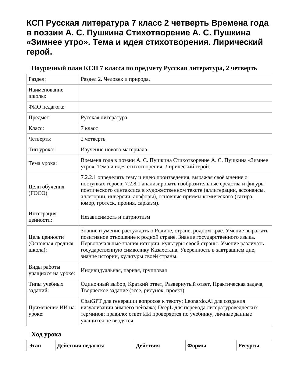 КСП Русская литература 7 класс 2 четверть Времена года в поэзии А. С. Пушкина Стихотворение А. С. Пушкина «Зимнее утро». Тема и идея стихотворения. Лирический герой.