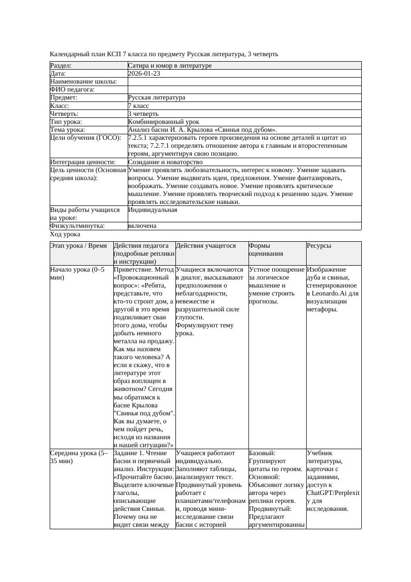КСП Русская литература 7класс 3четверть Анализ басни И А Крылова