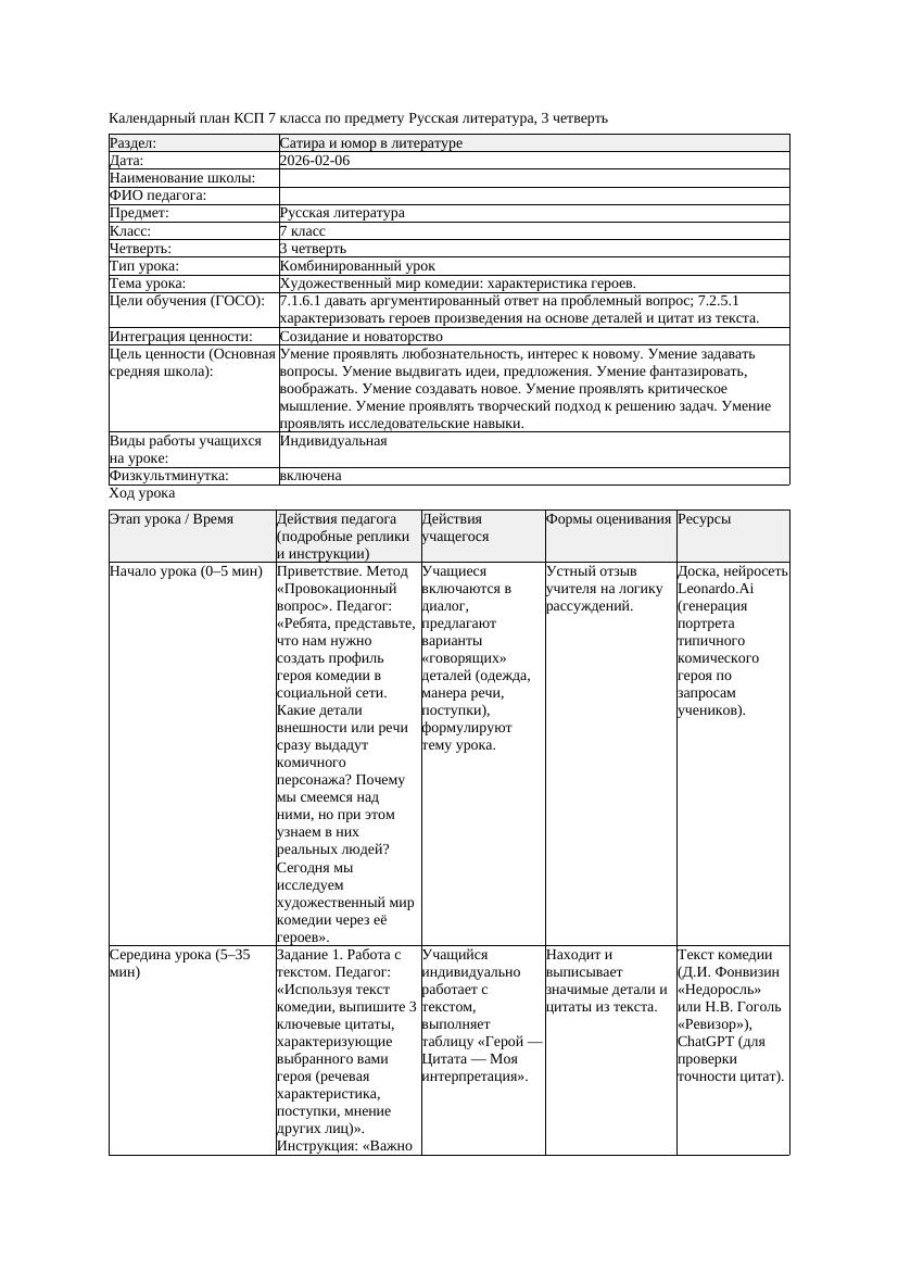 КСП Русская литература 7класс 3четверть Художественный мир комедии