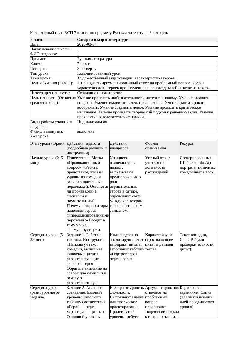 КСП Русская литература 7класс 3четверть Художественный мир комедии
