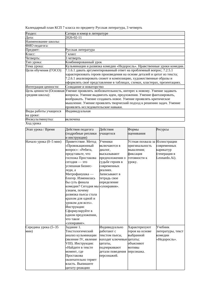 КСП Русская литература 7класс 3четверть Кульминация и развязка комедии