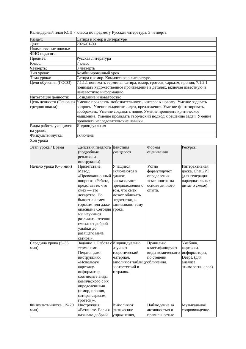 КСП Русская литература 7класс 3четверть Сатира и юмор Комическое