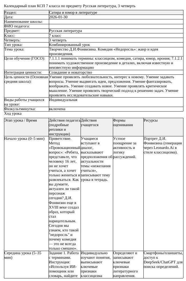 КСП Русская литература 7класс 3четверть Творчество Д И Фонвизина