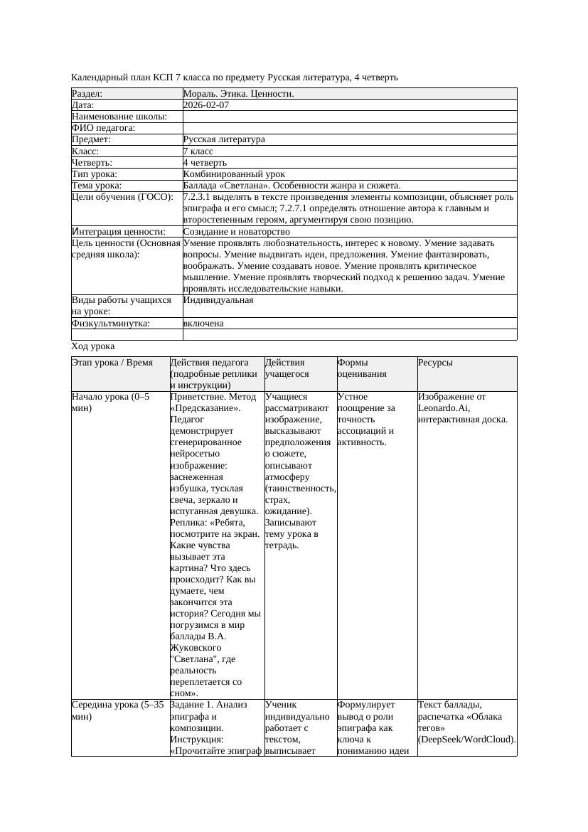 КСП Русская литература 7класс 4четверть Баллада Светлана Особенности
