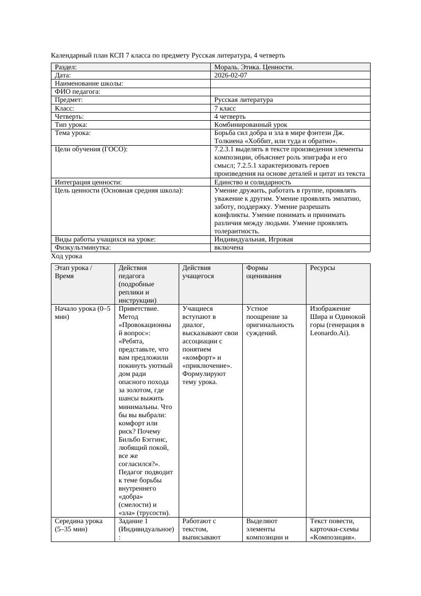 КСП Русская литература 7класс 4четверть Борьба сил добра и зла в