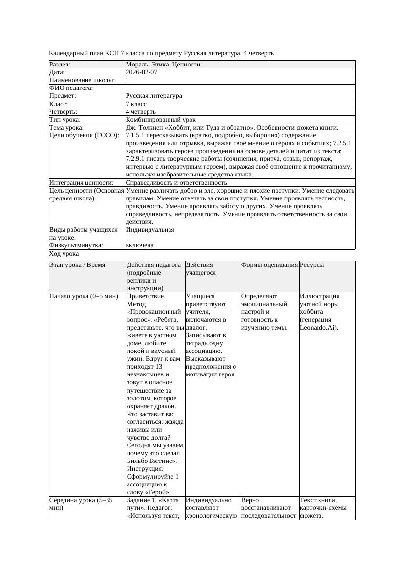 КСП Русская литература 7класс 4четверть Дж Толкиен Хоббит или Туда