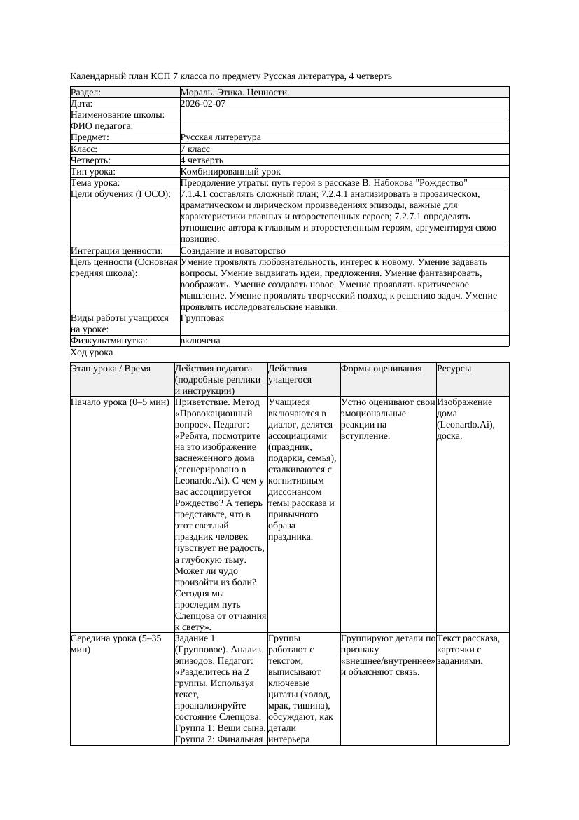 КСП Русская литература 7класс 4четверть Преодоление утраты путь