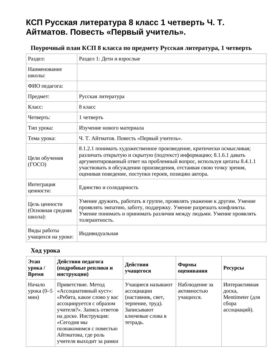 КСП Русская литература 8 класс 1 четверть Ч. Т. Айтматов. Повесть «Первый учитель».