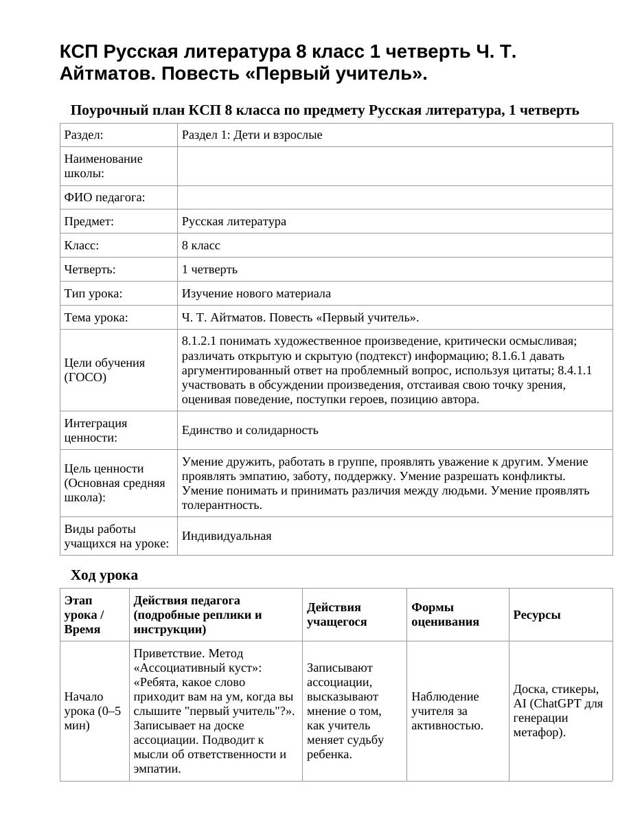 КСП Русская литература 8 класс 1 четверть Ч. Т. Айтматов. Повесть «Первый учитель».