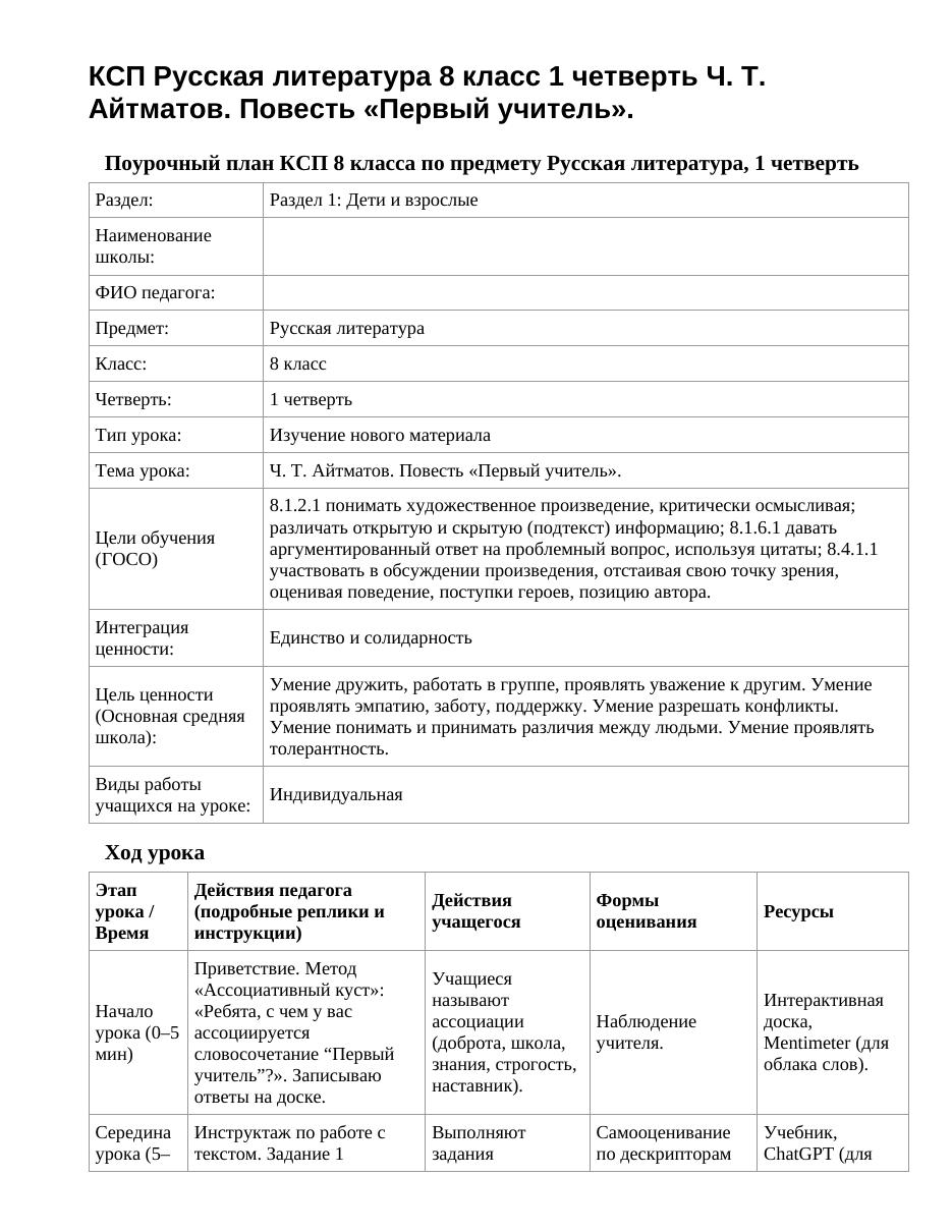 КСП Русская литература 8 класс 1 четверть Ч. Т. Айтматов. Повесть «Первый учитель».