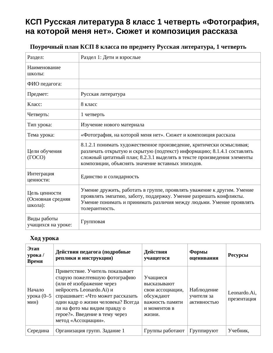 КСП Русская литература 8 класс 1 четверть «Фотография, на которой меня нет». Сюжет и композиция рассказа