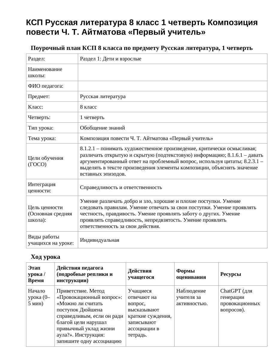 КСП Русская литература 8 класс 1 четверть Композиция повести Ч. Т. Айтматова «Первый учитель»