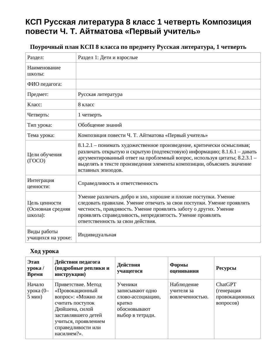 КСП Русская литература 8 класс 1 четверть Композиция повести Ч. Т. Айтматова «Первый учитель»