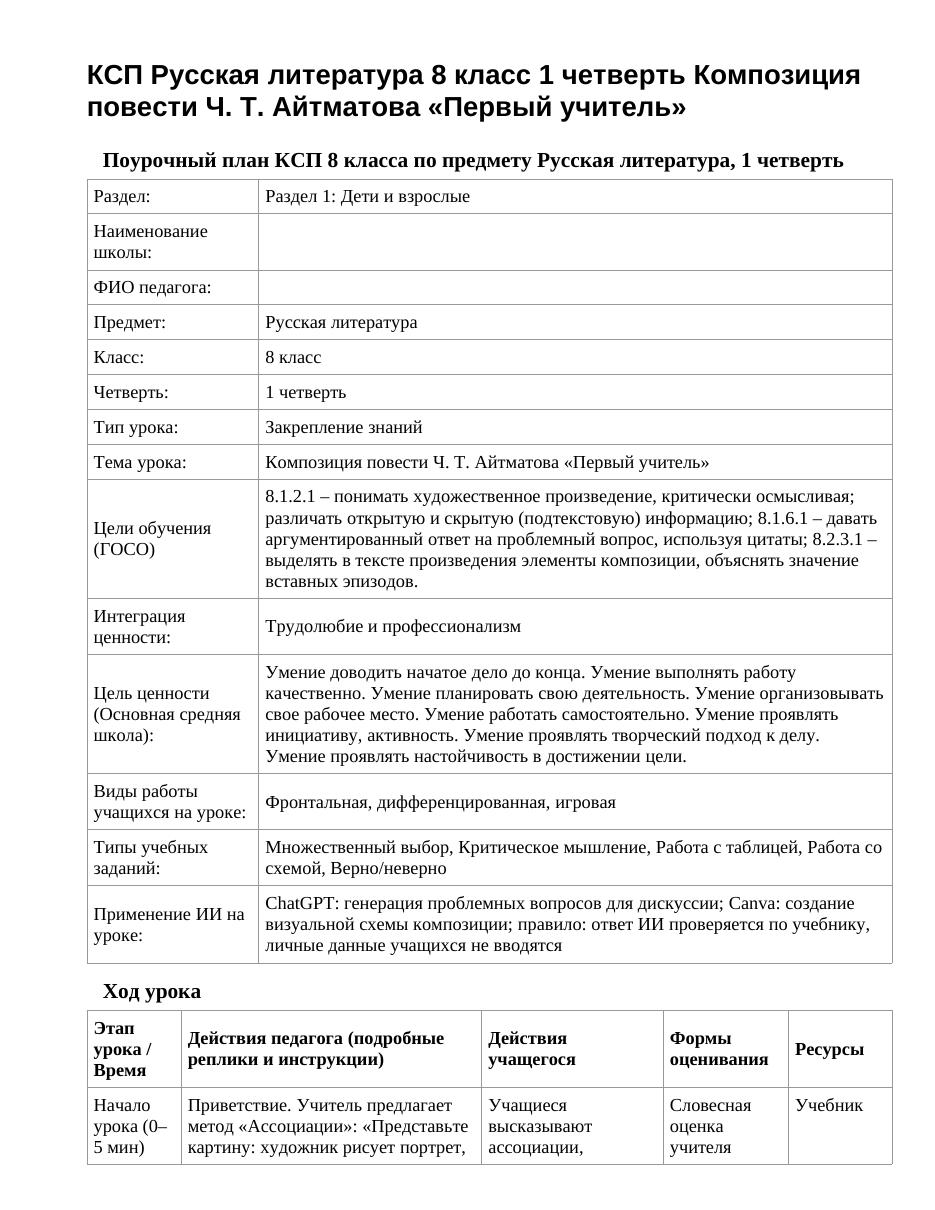 КСП Русская литература 8 класс 1 четверть Композиция повести Ч. Т. Айтматова «Первый учитель»