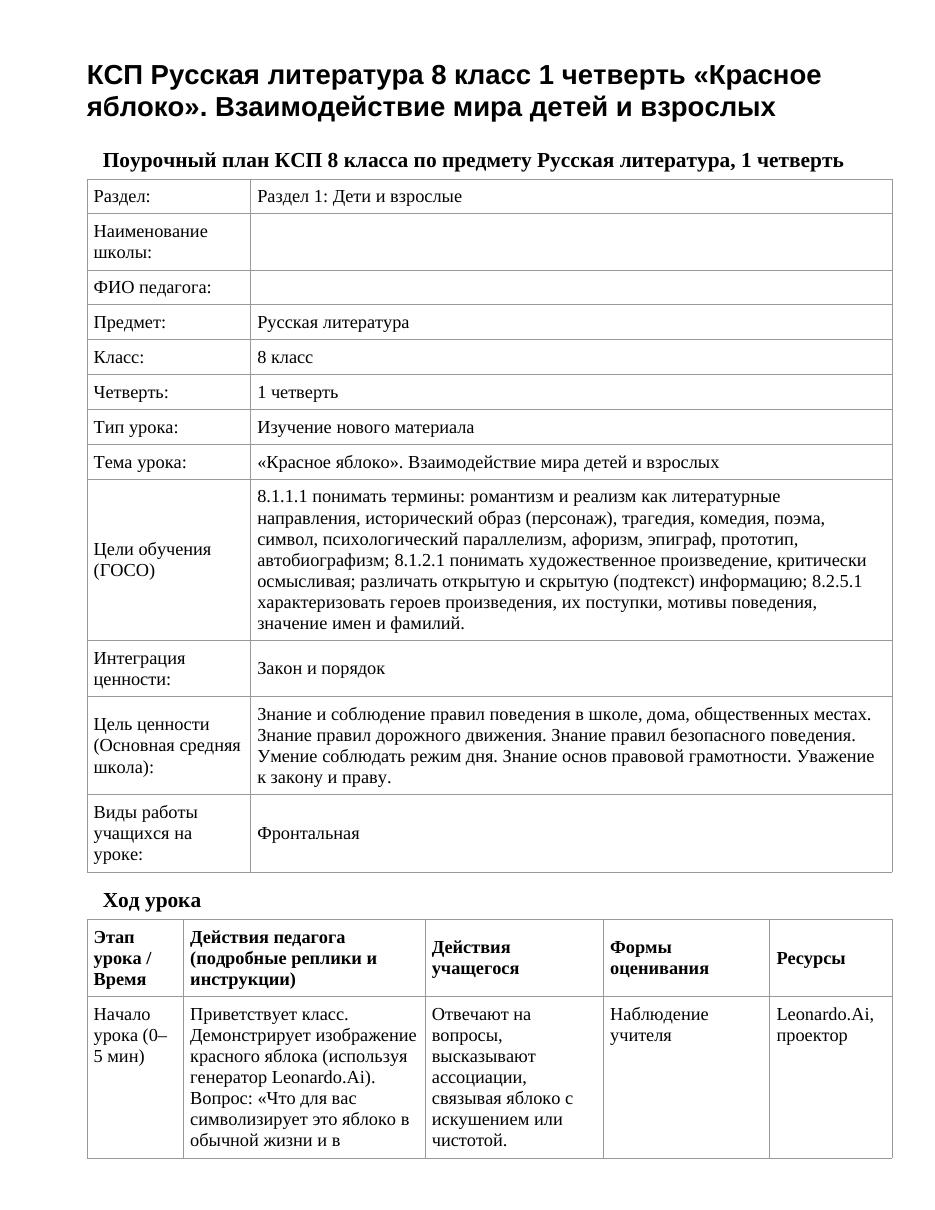 КСП Русская литература 8 класс 1 четверть «Красное яблоко». Взаимодействие мира детей и взрослых